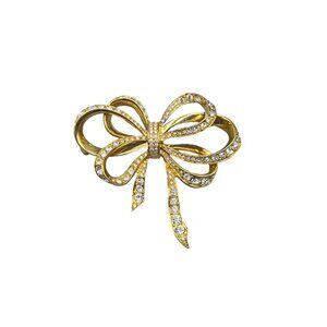 Vintage Bow Pin Brooch Gold Tone and Rhinestones Ribbon Fancy Elegant Pin